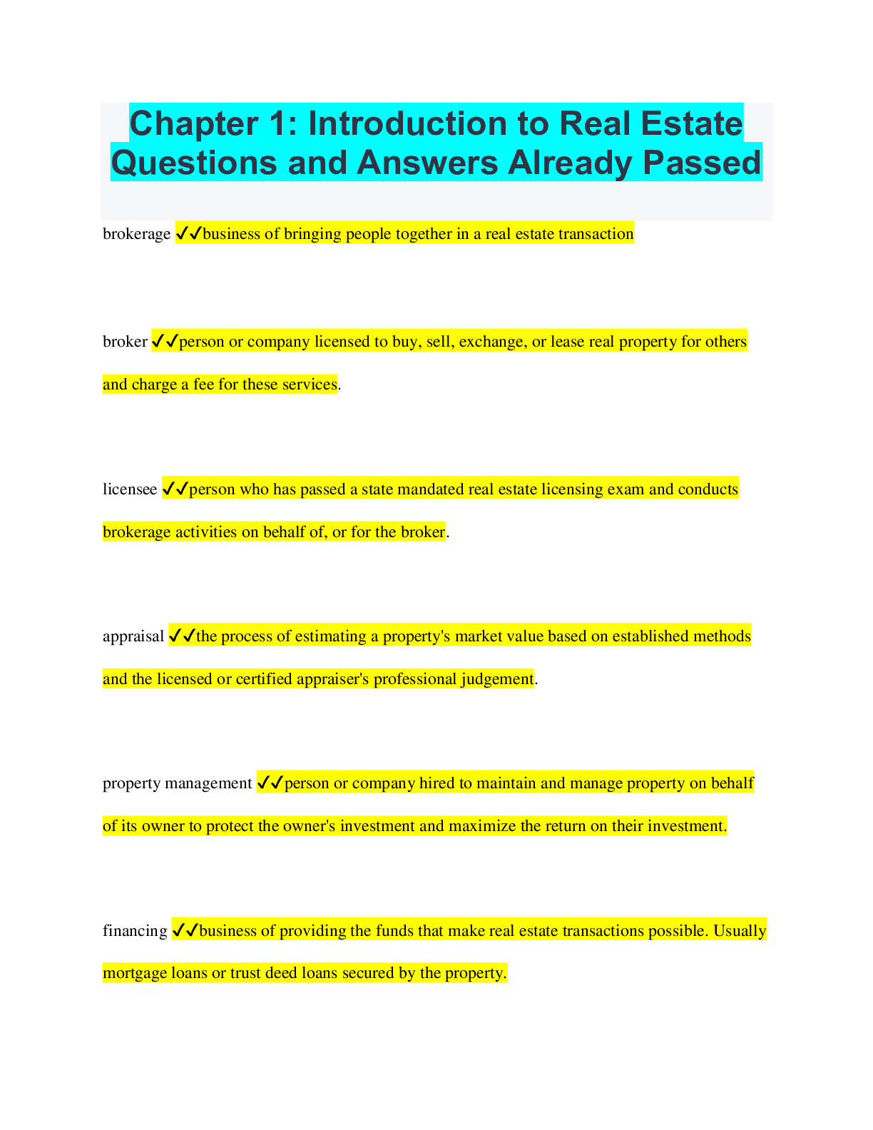 Chapter 1 Introduction to Real Estate Questions and Answers Already Passed Browsegrades